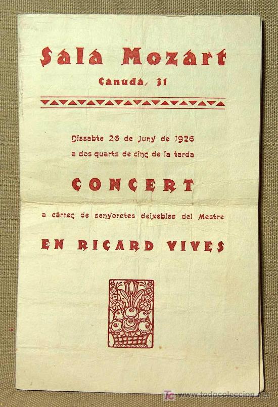 Cine: RARO PROGRAMA DE MANO, SALA MOZART, 1926, CONCERT SENYORETES DEIXEBLES DEL MESTRE, EN RICARD VIVES