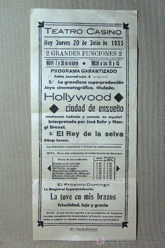 Cine: HOLLYWOOD CIUDAD DE ENSUE&Ntilde;O, PROGRAMA CINE, UNIVERSAL, JOSE BOHR, NANCY DREXEL, TEATRO CASINO, 1933