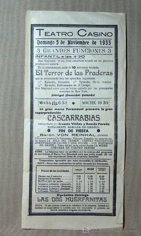 Cine: PROGRAMA DE MANO, CASCARRABIAS, ERNESTO VILCHES, 1933, 32 X 15 CM, TEATRO CASINO