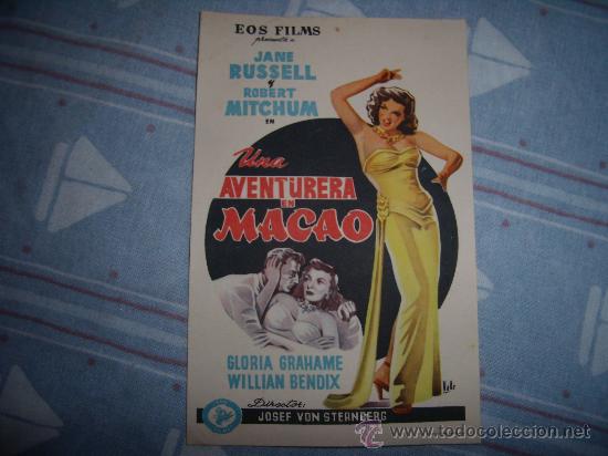 Cine: FOLLETO - CARTEL CINEMATOGR&Aacute;FICO DE MANO ANTIGUO-UNA AVENTURERA EN MACAO-JANE RUSSELL-ROBERT MITCHUM