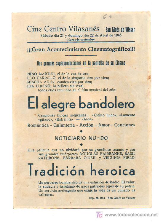 Cine: TRADICI&Oacute;N HEROICA. CINE CENTRO VILASAN&Eacute;S. 1945. - Foto 2