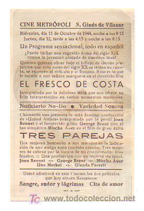 Cine: 3 PAREJAS. CINE METR&Oacute;POLI. 1944. - Foto 2