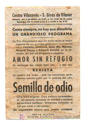 Cine: SEMILLA DE ODIO. CINE CENTRO VILASAN&Eacute;S. 1947. - Foto 2