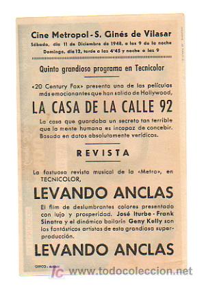 Cine: LEVANDO ANCLAS. CINE METROPOL. 1948. - Foto 2