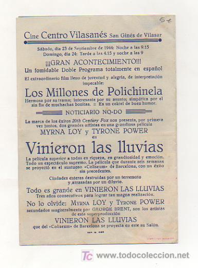Cine: VINIERON LAS LLUVIAS. CINE CENTRO VILASAN&Eacute;S. 1944. (PROGRAMA DOBLE). - Foto 3