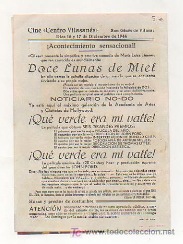 Cine: QU&Eacute; VERDE ERA MI VALLE. CINE CENTRO VILASAN&Eacute;S. 1944. (PROGRAMA DOBLE). - Foto 3