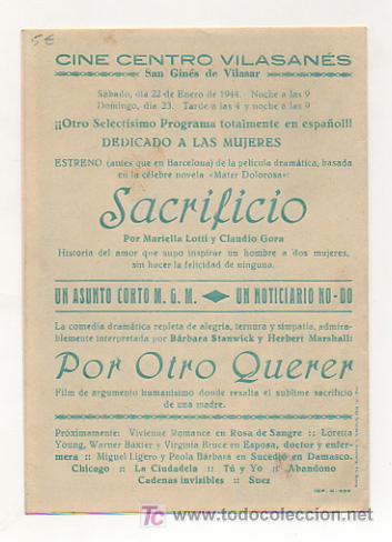 Cine: POR OTRO QUERER. CINE CENTRO VILASAN&Eacute;S. 1944. (PROGRAMA DOBLE). - Foto 3