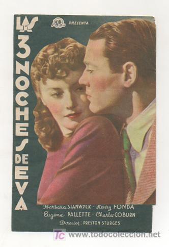 Kino: LAS 3 NOCHES DE EVA. CINE METROPOLI. 1944. (PROGRAMA TROQUELADO)