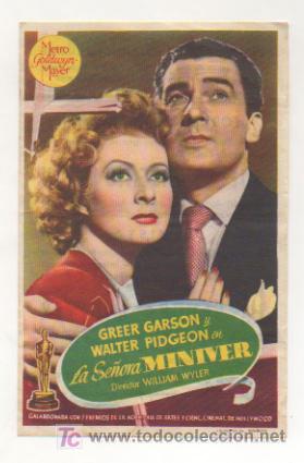 Foglietti di film di film antichi di cinema: LA SE&Ntilde;ORA MINIVER. CINE CENTRO VILASAN&Eacute;S. 1947.