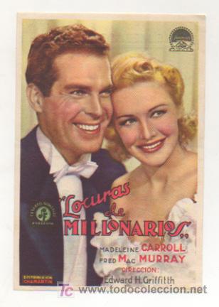 Foglietti di film di film antichi di cinema: LOCURAS DE MILLONARIOS. CINE METROPOLI. 1944.