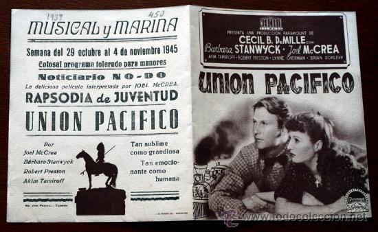Foglietti di film di film antichi di cinema: UNION PACIFICO   - con impreso al dorso -