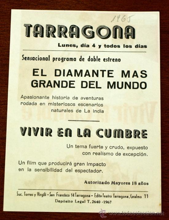 Cine: VIVIR EN LA CUMBRE  - con impreso al dorso - - Foto 2