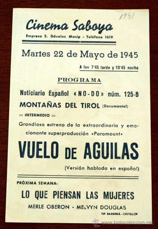 Cine: VUELO DE AGUILAS  - con impreso al dorso - - Foto 2