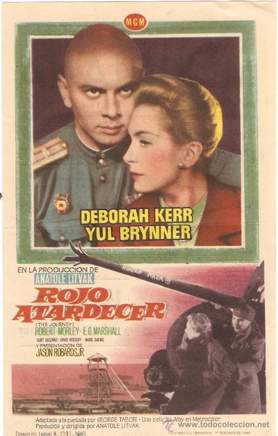 Folhetos de m&atilde;o de filmes antigos de cinema: ROJO ATARDECER - DEBORAH KERR, YUL BRYNNER, ROBERT MORLEY, JASON ROBARDS JR - CINE MERIDIANA