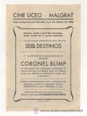 Cine: CORONEL BLIMP. CINE LICEO - MALGRAT. 1946. - Foto 2