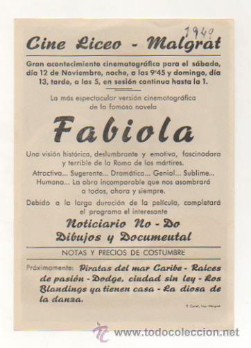 Cine: FABIOLA. CINE LICEO - MALGRAT. 1949. - Foto 2