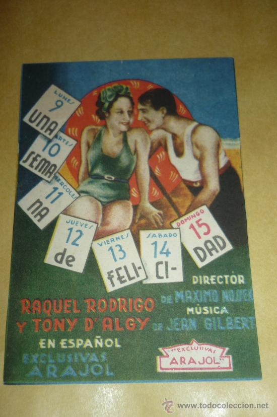 Cine: programaUNA SEMANA DE FELICIDAD PROGRAMA SENCILLO ARAJOL RAQUEL RODRIGO.impecable - Foto 1