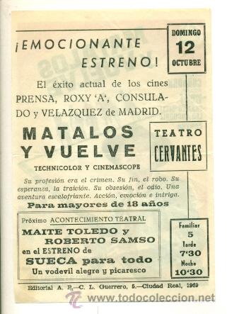 Cine: MATALOS Y VUELVE - PROGRAMA ORIGINAL CON PUBLICIDAD - - Foto 2