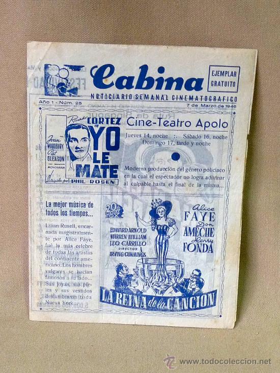 Cine: PROGRAMA DE CINE,CABINA, NOTICIARIO SEMANAL CINEMATOGRAFICO, 1946,
