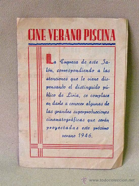 Foglietti di film di film antichi di cinema: FOLLETO, CINE DE VERANO, PISCINA, LIRIA, LLIRIA, 1946, UNION PACIFICO, LAS AVENTURAS DE MARCO POLO