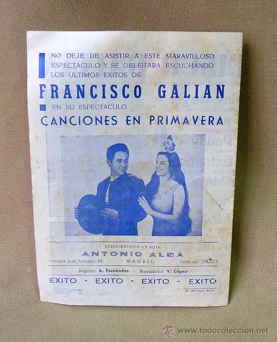 Cine: PROGRAMA DE TEATRO, TEATRO CHAPI 1966, FRANCISCO GALIAN, CANCIONES DE PRIMAVERA - Foto 3
