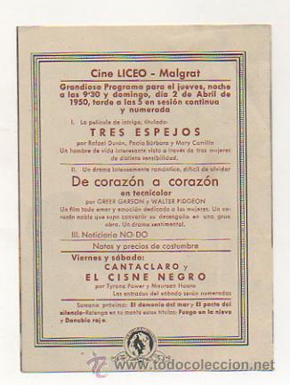 Cine: DE CORAZ&Oacute;N A CORAZ&Oacute;N. CINE LICEO - MALGRAT. 1950. - Foto 3