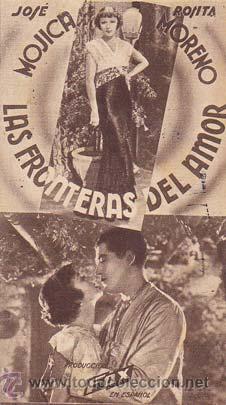 Folhetos de m&atilde;o de filmes antigos de cinema: LAS FRONTERAS DEL AMOR - Teatro Circo de Orihuela (Alicante) - Director: Frank Strayer - Actores: Jo