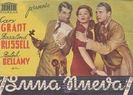 Folhetos de m&atilde;o de filmes antigos de cinema: LUNA NUEVA - Coliseo de Elche (Alicante) - Director: Howard Hawks - Actores: Cary Grant, Rosalind Ru