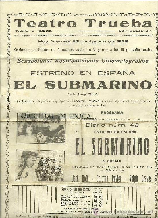 Cine: (PG-6)PROGRAMA DE CINE EL SUBMARINO A&Ntilde;O 1929 (33 X 23 CM.) - Foto 1