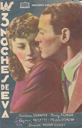 Folhetos de m&atilde;o de filmes antigos de cinema: LAS TRES NOCHES DE EVA - Castelar y Coliseo - Director: Preston Sturges - Actores: B&aacute;rbara Stanwyck,