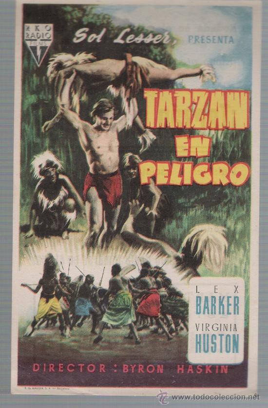 Folhetos de m&atilde;o de filmes antigos de cinema: Tarz&aacute;n en peligro. Sencillo de RKO Radio.  Coliseo Albia.
