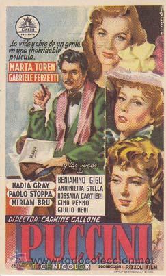 Flyers Publicitaires de Films Anciens: PUCCINI - Cine Riacho - Director: Carmine Gallone - Actores: Marta Toren y Gabriele Ferzetti/ Cine I
