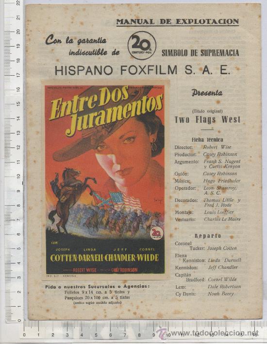 Foglietti di film di film antichi di cinema: PROGRAMA DE CINE MANUAL DE EXPLOTACION 20TH CENTURY-FOX ENTRE DOS JURAMENTOS ARGUMENTO CLISES PRENSA