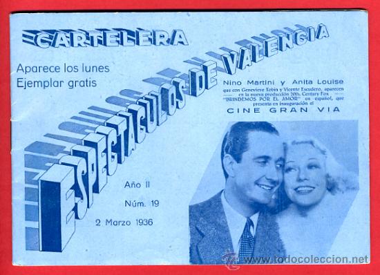 Cinema: CARTELERA ESPECTACULOS DE VALENCIA 1936 , VER FOTOS ADICIONALES , R42
