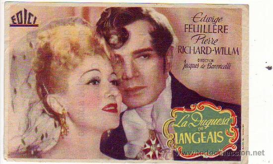 Folhetos de m&atilde;o de filmes antigos de cinema: la duquesa de langeais - edwige feuillere - pierre richard-willm - c/p