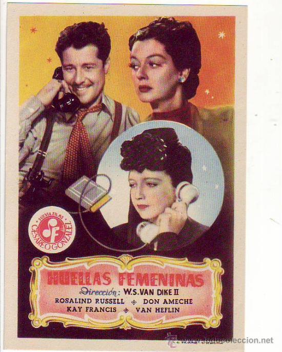 Folhetos de m&atilde;o de filmes antigos de cinema: huellas femeninas - rosalind russell - don ameche - kay francis - van heflin