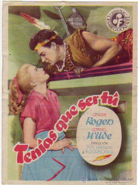 Folhetos de m&atilde;o de filmes antigos de cinema: tenias que ser tu - ginger rogers - cornel wilde - c/p