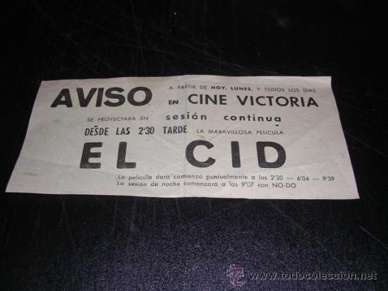 Flyers Publicitaires de Films Anciens: EL CID. CINE VICTORIA,SESION CONTINUA, 22X11 CM.