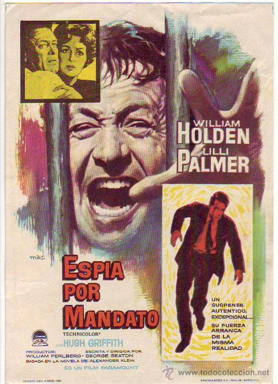 Folhetos de m&atilde;o de filmes antigos de cinema: espia por mandato - william holden - lilli palmer