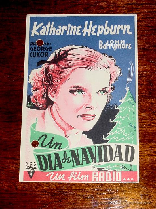 Folhetos de m&atilde;o de filmes antigos de cinema: ANTIGUO PROGRAMA DE CINE UN DIA DE NAVIDAD - CON PUBLICIDAD DE CINE QUIROGA - TIENE DOS AGUJEROS.