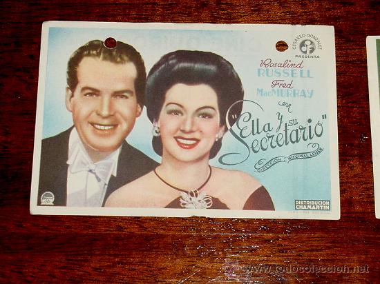 Folhetos de m&atilde;o de filmes antigos de cinema: ANTIGUO PROGRAMA DE CINE ELLA Y SU SECRETARIO - CON PUBLICIDAD DE CINE QUIROGA - TIENE DOS AGUJEROS.