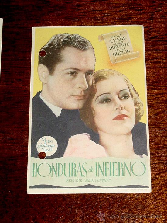 Folhetos de m&atilde;o de filmes antigos de cinema: ANTIGUO PROGRAMA DE CINE HONDURAS DE INFIERNO - CON PUBLICIDAD DE CINE QUIROGA - TIENE DOS AGUJEROS.