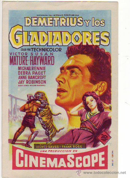 Folhetos de m&atilde;o de filmes antigos de cinema: demetrius y los gladiadores - victor susan