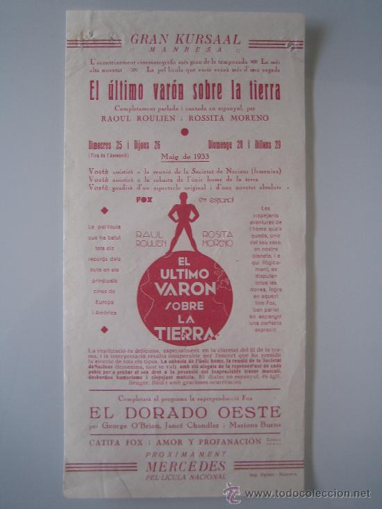 Flyers Publicitaires de Films Anciens: el ultimo varon sobre la tierra - folleto de mano local original cine kursaal ma yode 1933