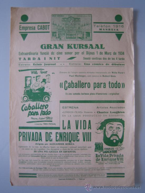 Flyers Publicitaires de Films Anciens: la vida privada de enrique VIII caballero para todo- folleto de mano local cine kursaal marzo 1934