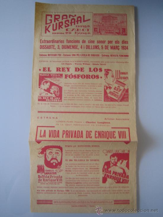 Flyers Publicitaires de Films Anciens: la vida privada de enrique VIII el rey de los fosforos folleto de mano local cine kursaal marzo 1934