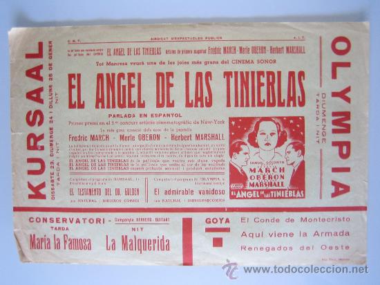 Folhetos de m&atilde;o de filmes antigos de cinema: el angel de las tinieblas - folleto de mano local cine kursaal