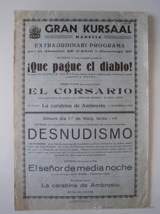 Folhetos de m&atilde;o de filmes antigos de cinema: que pague el diablo el corsario desnudismo - folleto de mano local cine kursaal