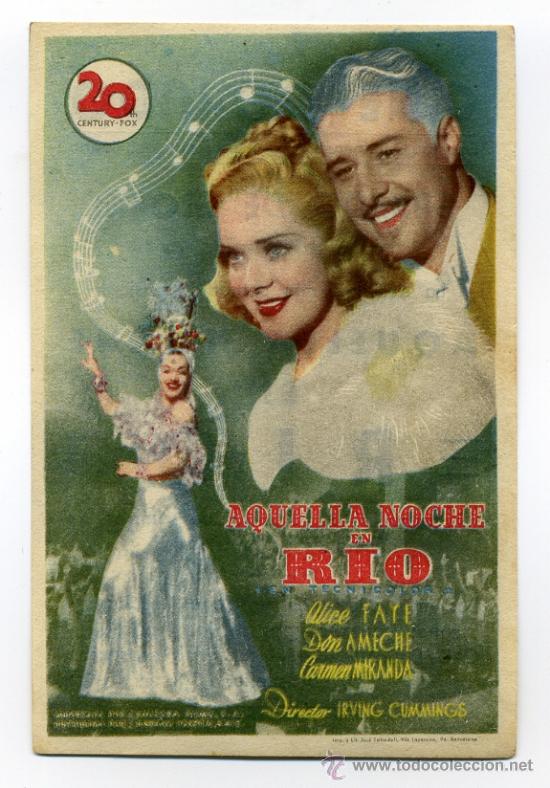 Folhetos de m&atilde;o de filmes antigos de cinema: AQUELLA NOCHE EN RIO, con Carmen Miranda.