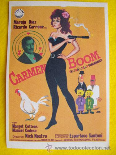 Folhetos de m&atilde;o de filmes antigos de cinema: CARMEN BOOM. Dibujo de JANO. Maruja Diaz, Ricardo Garrone, Margot Cottens, &hellip;dir Nick Nostro.